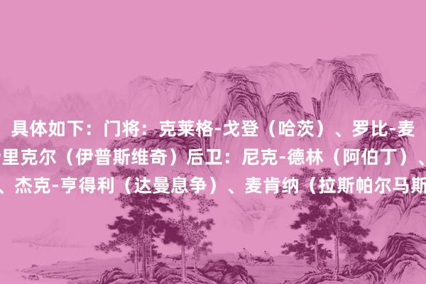具体如下:门将:克莱格-戈登(哈茨)、罗比-麦克罗里(基马诺克)、斯里克尔(伊普斯维奇)后卫:尼克-德林(阿伯丁)、格兰特-汉利(诺维奇)、杰克-亨得利(达曼息争)、麦肯纳(拉斯帕尔马斯)、波蒂厄斯(沃特福德)、罗尔斯顿(凯尔特东说念主)、罗伯逊(利物浦)、索塔特(格拉斯哥流浪者)、泰勒(凯尔特东说念主)中场:康纳-巴伦(格拉斯哥流浪者)、克里斯蒂(伯恩茅斯)、本-多克(米德尔斯堡)、高尔德(温哥华白帽)、吉尔莫(那不勒斯)、麦金(阿斯顿维拉)、麦克莱恩(诺维奇)、麦克托米奈(那不勒斯)、刘易斯-摩根(纽约红牛)先锋:亚当斯(王人灵)、汤米-康韦(米德尔斯堡)、戴克斯(伯明翰城)、尚克兰(哈茨) 体育录像/图片