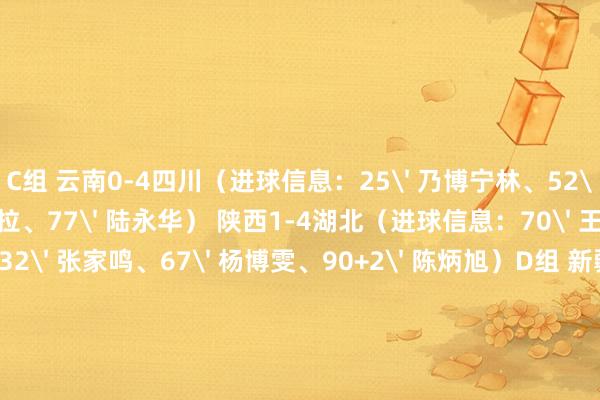 C组 云南0-4四川(进球信息:25' 乃博宁林、52' 郑伟杰、75' 艾比布拉、77' 陆永华) 陕西1-4湖北(进球信息:70' 王浩宇;8' 黄嘉乐、32' 张家鸣、67' 杨博雯、90+2' 陈炳旭)D组 新疆0-2吉林(进球信息:38’ 王子豪、68’ 张福罡) 北京0-8广东(进球信息:8’ 姚皓匀、19’ 27 42’ 唐天翼、39’ 哈力提-阿不齐艾尼、58’ 郭五岳、64’ 84’ 王梓洋) 体育最新信息